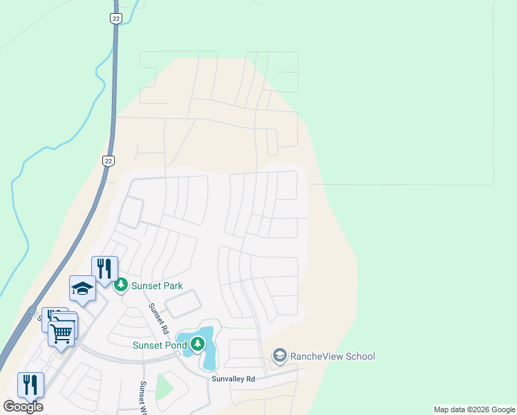 map of restaurants, bars, coffee shops, grocery stores, and more near 354 Sundown Road in Cochrane