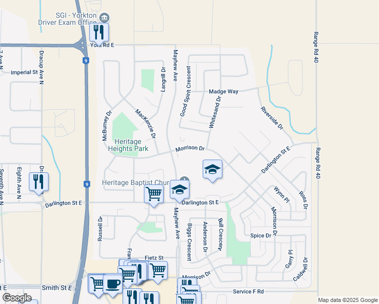 map of restaurants, bars, coffee shops, grocery stores, and more near 333 Morrison Drive in Yorkton