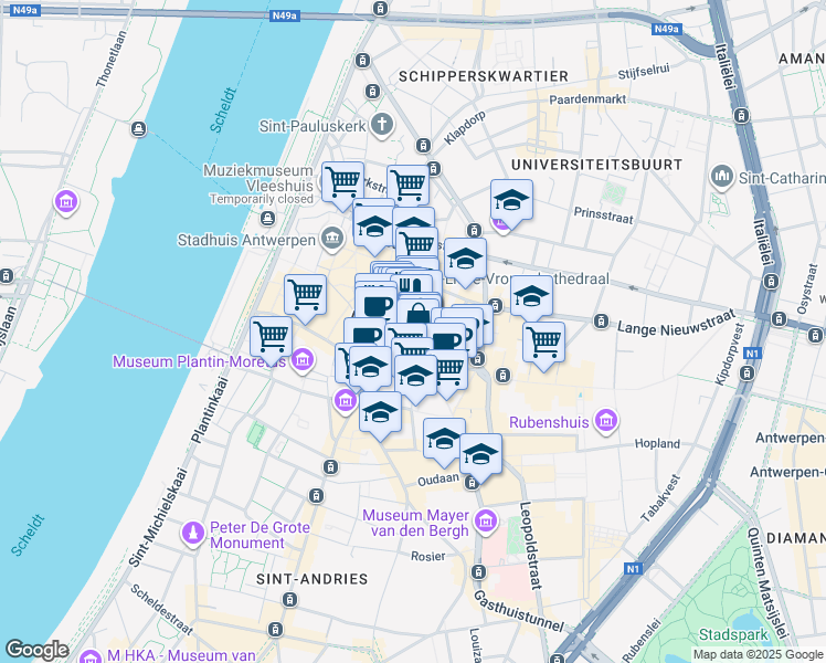 map of restaurants, bars, coffee shops, grocery stores, and more near in Antwerp