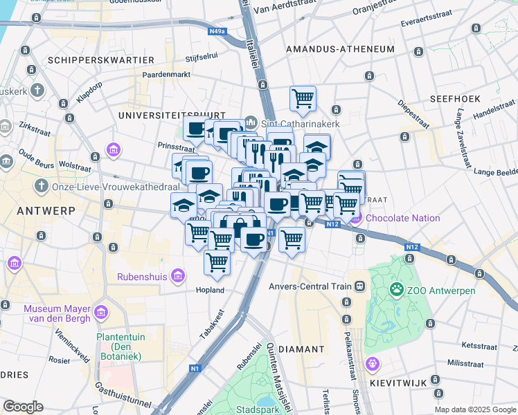 map of restaurants, bars, coffee shops, grocery stores, and more near in Antwerp