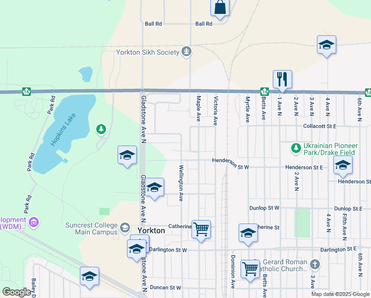 map of restaurants, bars, coffee shops, grocery stores, and more near 315 Wellington Park Road in Yorkton