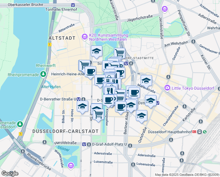 map of restaurants, bars, coffee shops, grocery stores, and more near 36 Königsallee in Düsseldorf