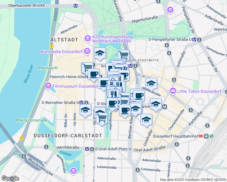map of restaurants, bars, coffee shops, grocery stores, and more near 36 Königsallee in Dusseldorf