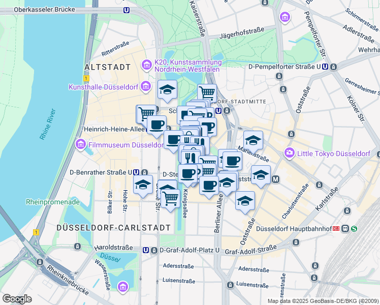 map of restaurants, bars, coffee shops, grocery stores, and more near 36 Königsallee in Dusseldorf