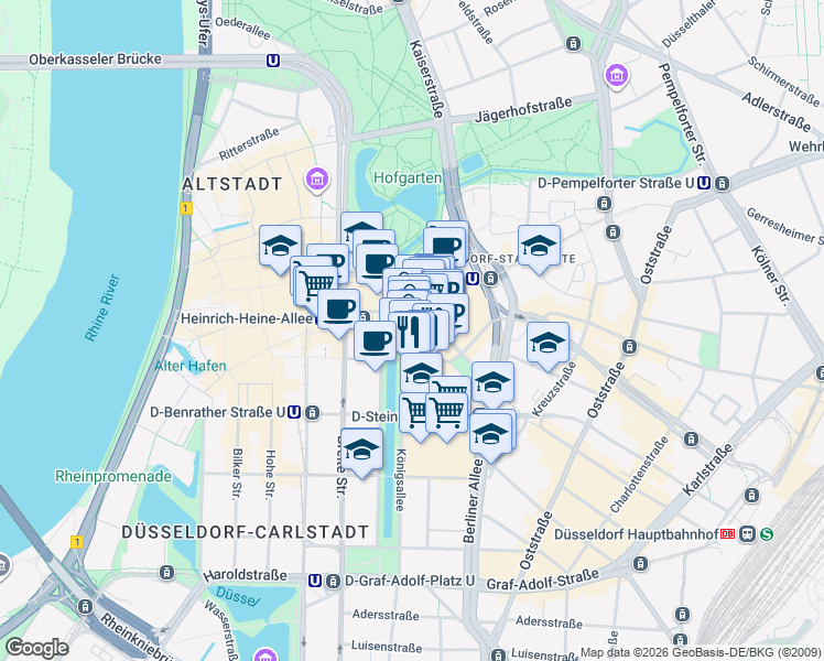 map of restaurants, bars, coffee shops, grocery stores, and more near 22 Königsallee in Dusseldorf