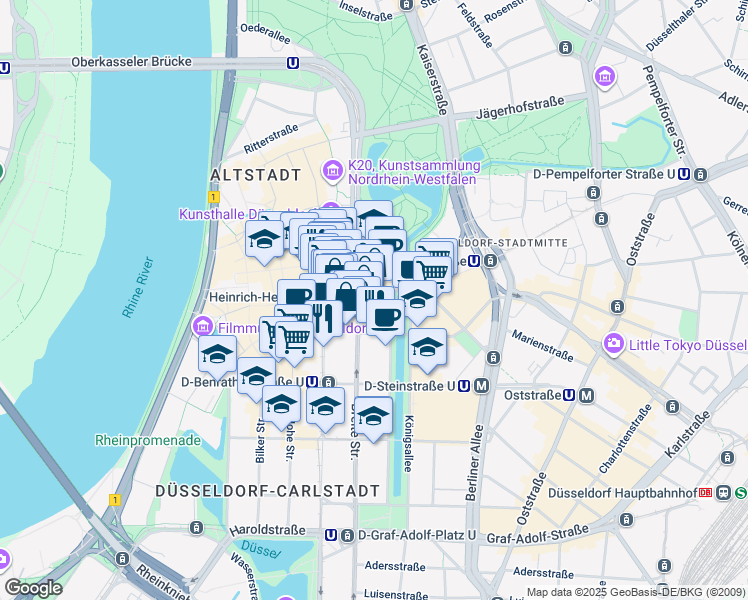map of restaurants, bars, coffee shops, grocery stores, and more near 11 Königsallee in Dusseldorf