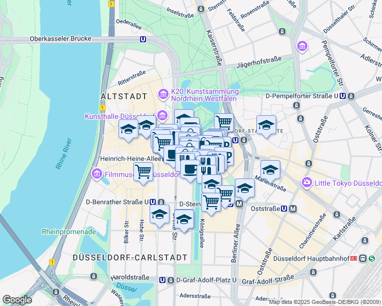 map of restaurants, bars, coffee shops, grocery stores, and more near 11 Königsallee in Dusseldorf