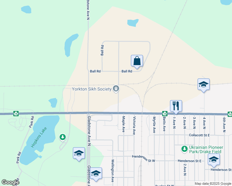 map of restaurants, bars, coffee shops, grocery stores, and more near 56 Industrial Avenue in Yorkton