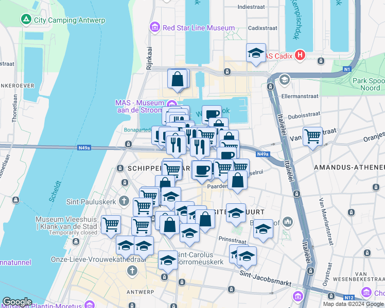 map of restaurants, bars, coffee shops, grocery stores, and more near 12 Oude Leeuwenrui in Antwerpen