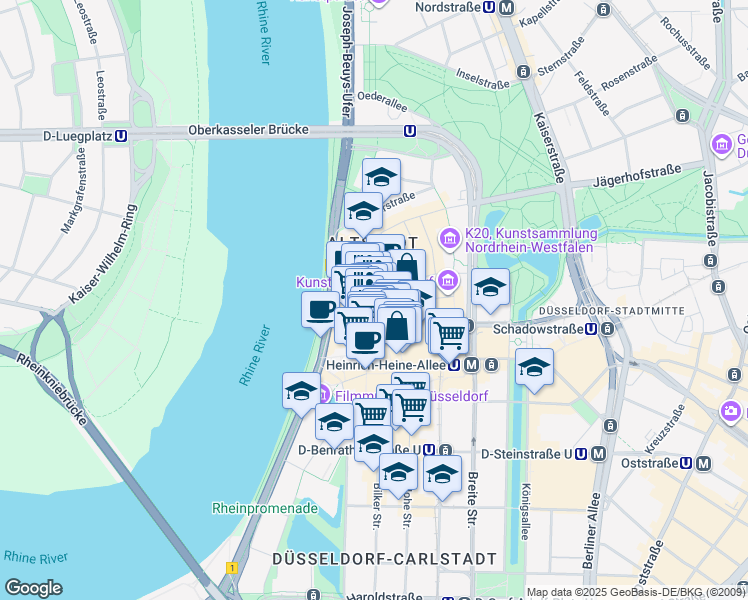 map of restaurants, bars, coffee shops, grocery stores, and more near 5 Mühlenstraße in Düsseldorf