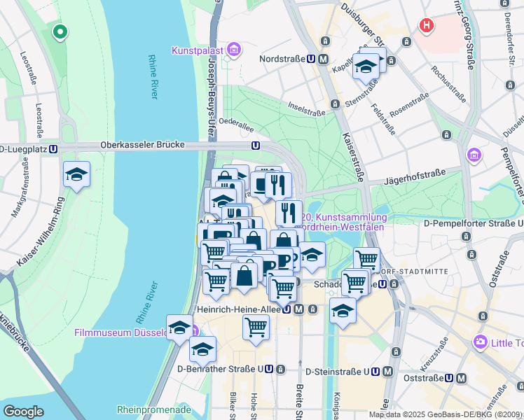 map of restaurants, bars, coffee shops, grocery stores, and more near 1 Neubrückstraße in Düsseldorf