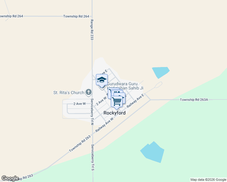map of restaurants, bars, coffee shops, grocery stores, and more near 115 3 Avenue East in Rockyford