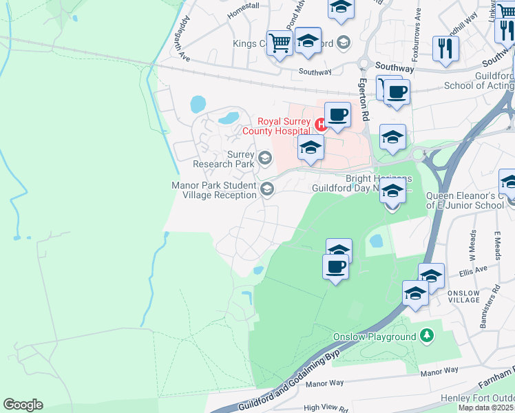 map of restaurants, bars, coffee shops, grocery stores, and more near in Guildford