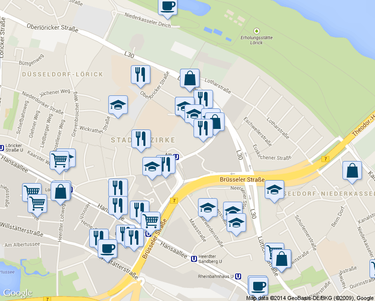 map of restaurants, bars, coffee shops, grocery stores, and more near 16 Am Seestern in Dusseldorf