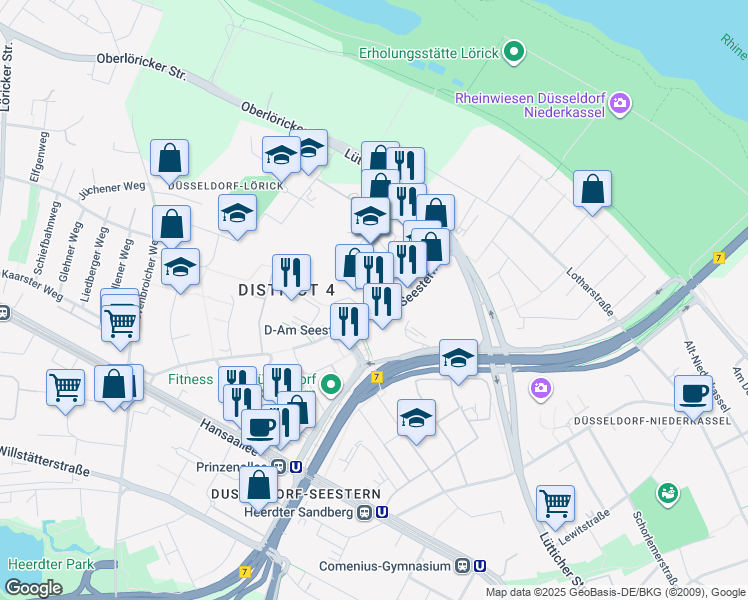 map of restaurants, bars, coffee shops, grocery stores, and more near 16 Am Seestern in Düsseldorf
