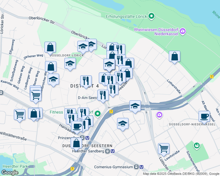 map of restaurants, bars, coffee shops, grocery stores, and more near 16 Am Seestern in Dusseldorf