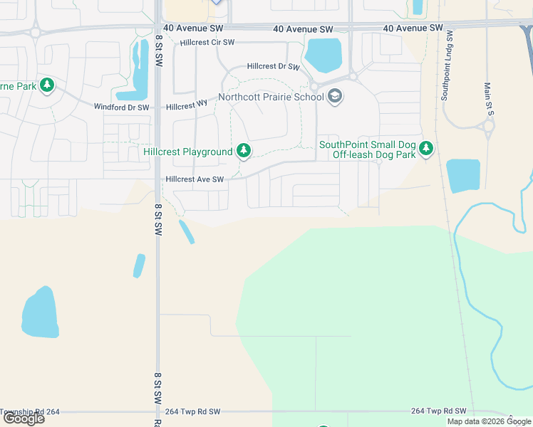 map of restaurants, bars, coffee shops, grocery stores, and more near 321 Hillcrest Road Southwest in Airdrie