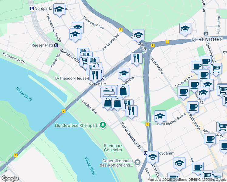 map of restaurants, bars, coffee shops, grocery stores, and more near 3 Georg-Glock-Straße in Düsseldorf