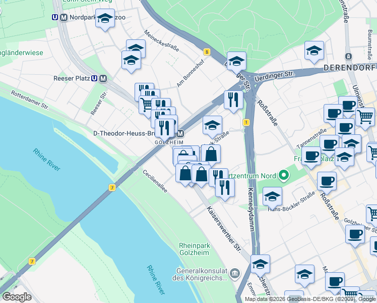 map of restaurants, bars, coffee shops, grocery stores, and more near 3 Georg-Glock-Straße in Düsseldorf