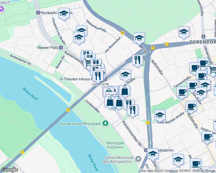 map of restaurants, bars, coffee shops, grocery stores, and more near 3 Georg-Glock-Straße in Düsseldorf