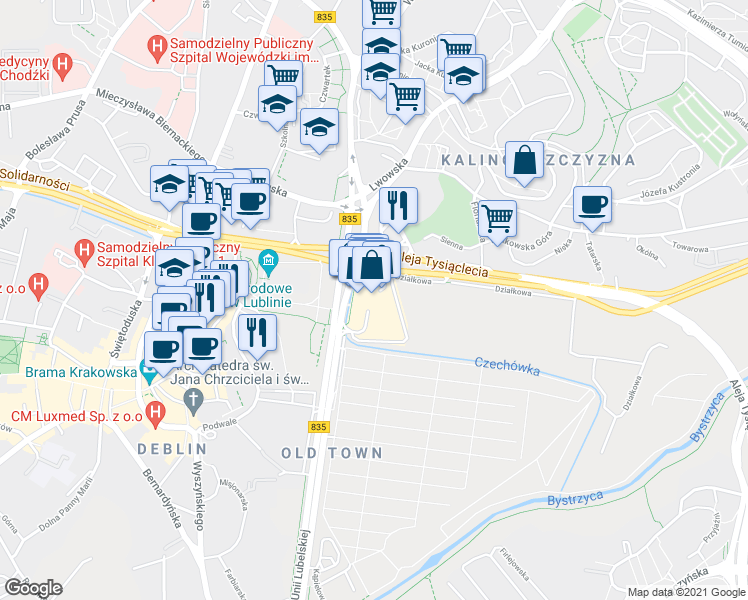 map of restaurants, bars, coffee shops, grocery stores, and more near 2 Aleja Unii Lubelskiej in Lublin