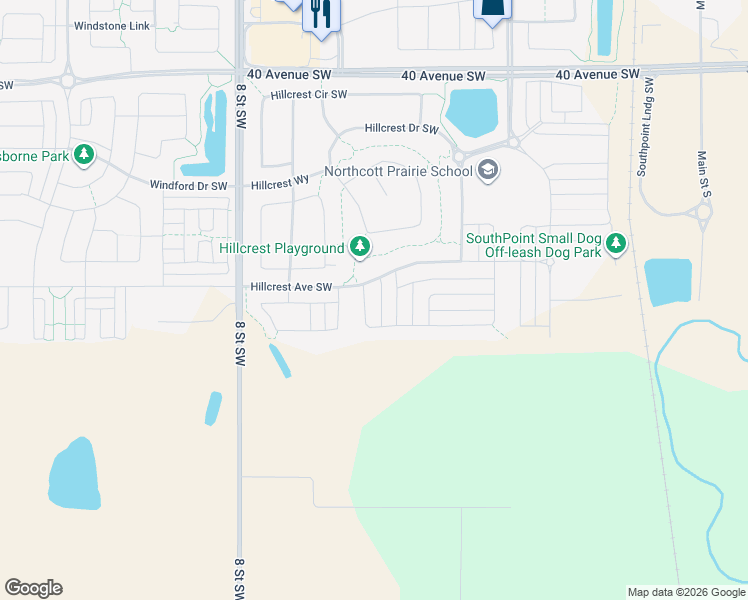 map of restaurants, bars, coffee shops, grocery stores, and more near 200 Hillcrest Road Southwest in Airdrie