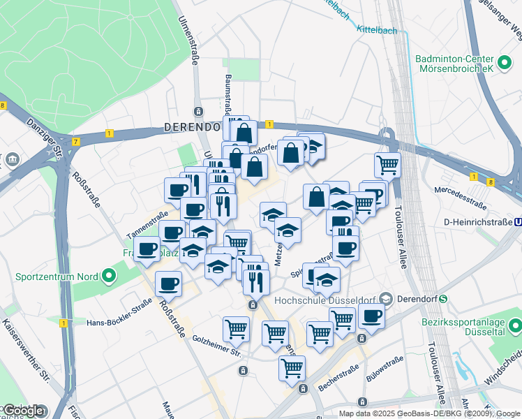 map of restaurants, bars, coffee shops, grocery stores, and more near in Düsseldorf