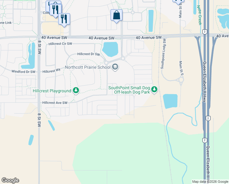 map of restaurants, bars, coffee shops, grocery stores, and more near 303 Hillcrest Drive Southwest in Airdrie
