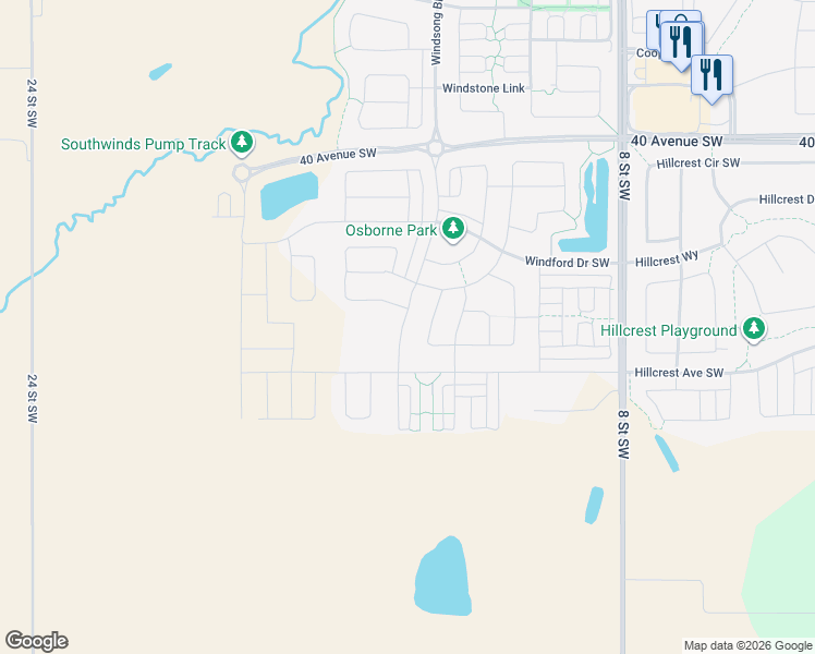 map of restaurants, bars, coffee shops, grocery stores, and more near 4207 Windsong Boulevard Southwest in Airdrie