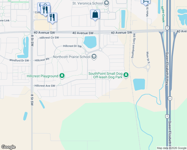 map of restaurants, bars, coffee shops, grocery stores, and more near 303 Hillcrest Drive Southwest in Airdrie