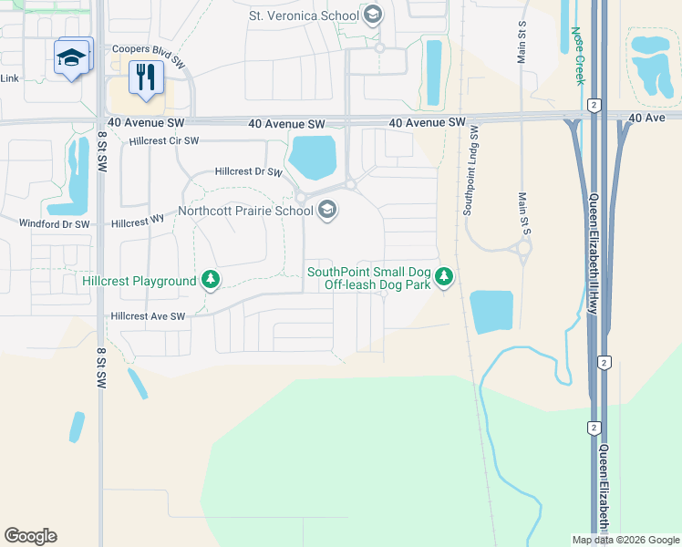 map of restaurants, bars, coffee shops, grocery stores, and more near 629 Hillcrest Road Southwest in Airdrie