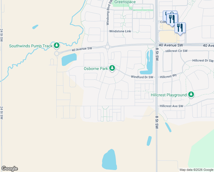 map of restaurants, bars, coffee shops, grocery stores, and more near 4207 Windsong Boulevard Southwest in Airdrie