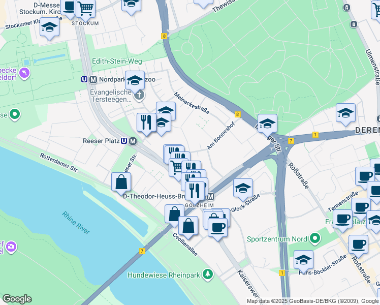 map of restaurants, bars, coffee shops, grocery stores, and more near 28 Tersteegenstraße in Dusseldorf