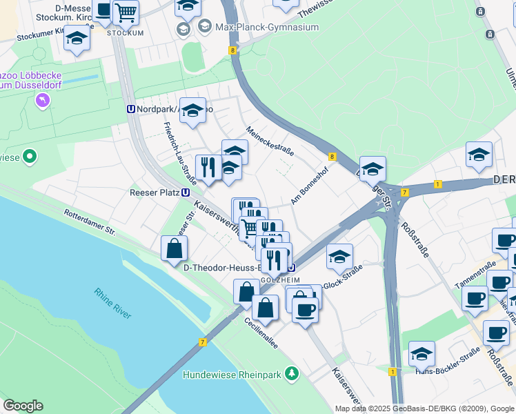 map of restaurants, bars, coffee shops, grocery stores, and more near 28 Tersteegenstraße in Düsseldorf