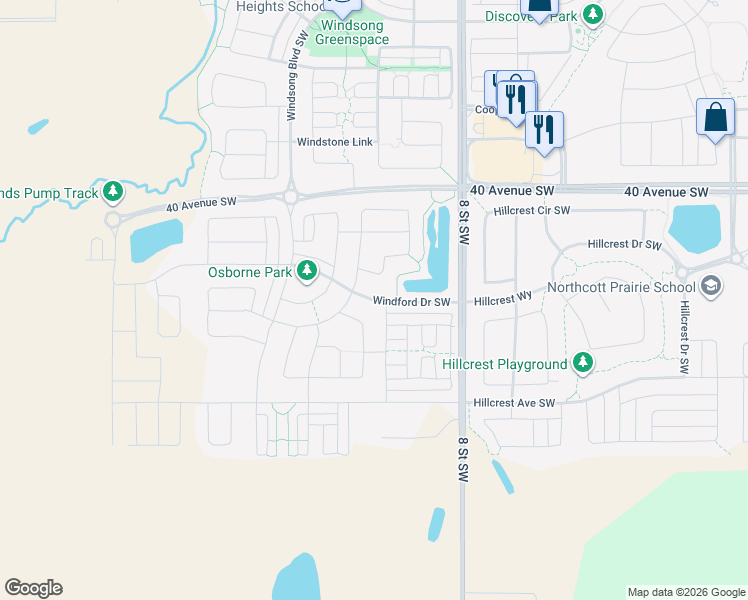map of restaurants, bars, coffee shops, grocery stores, and more near Windford Drive Southwest in Airdrie