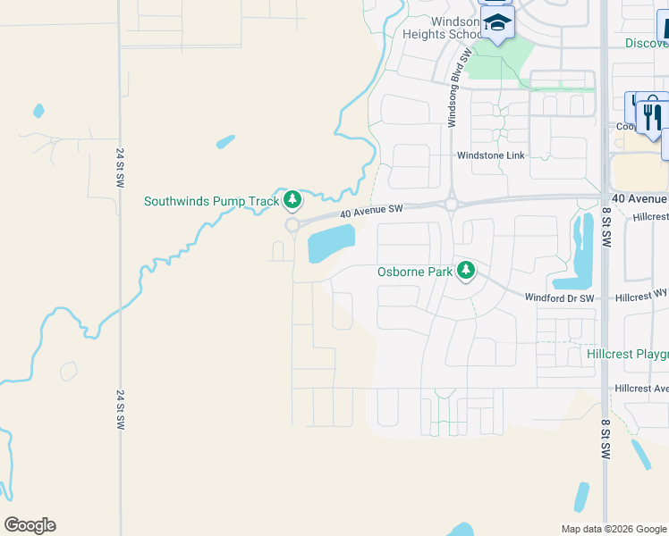 map of restaurants, bars, coffee shops, grocery stores, and more near 182 Windrow Link South West in Airdrie