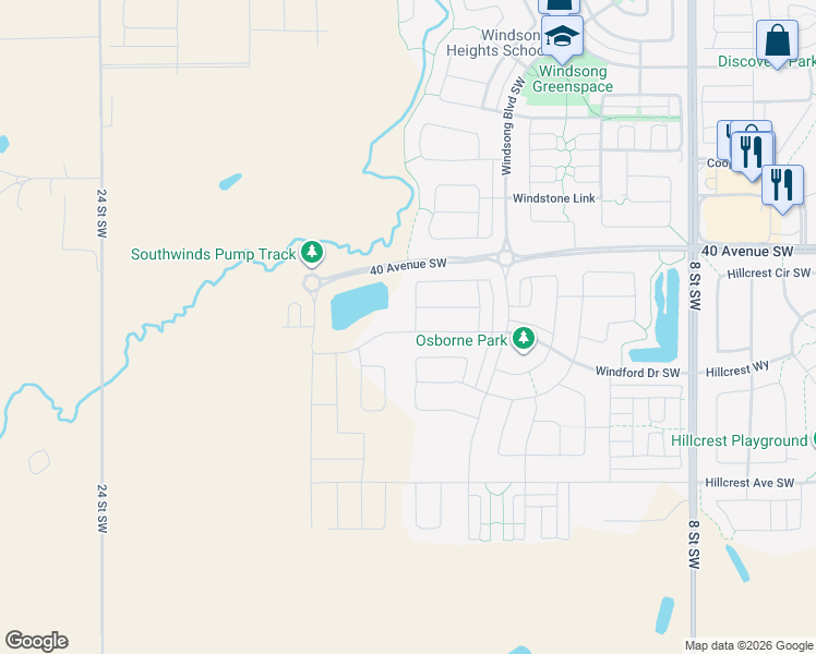 map of restaurants, bars, coffee shops, grocery stores, and more near 182 Windrow Link South West in Airdrie