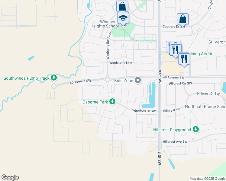 map of restaurants, bars, coffee shops, grocery stores, and more near 104 Windford Rise Southwest in Airdrie