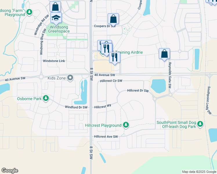 map of restaurants, bars, coffee shops, grocery stores, and more near 66 Hillcrest Street Southwest in Airdrie