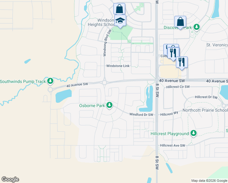 map of restaurants, bars, coffee shops, grocery stores, and more near 104 Windford Rise Southwest in Airdrie