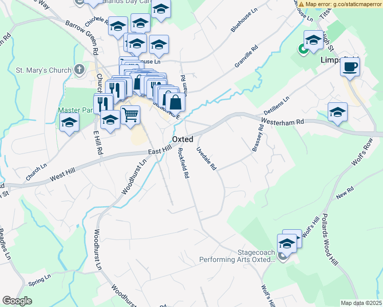map of restaurants, bars, coffee shops, grocery stores, and more near in Oxted