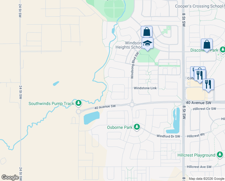 map of restaurants, bars, coffee shops, grocery stores, and more near Windgate Close Southwest in Airdrie