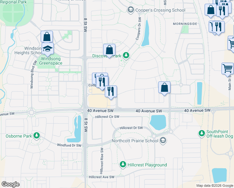 map of restaurants, bars, coffee shops, grocery stores, and more near Cooperstown Common Southwest in Airdrie