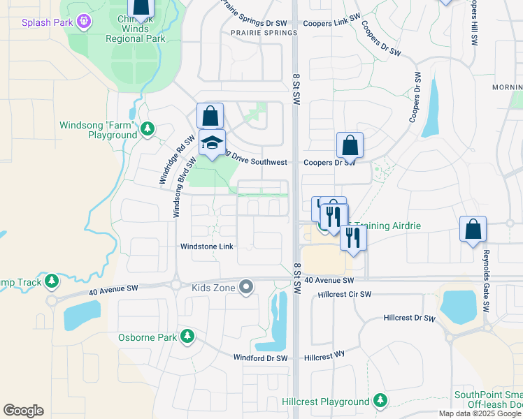 map of restaurants, bars, coffee shops, grocery stores, and more near 60 Windstone Green Southwest in Airdrie