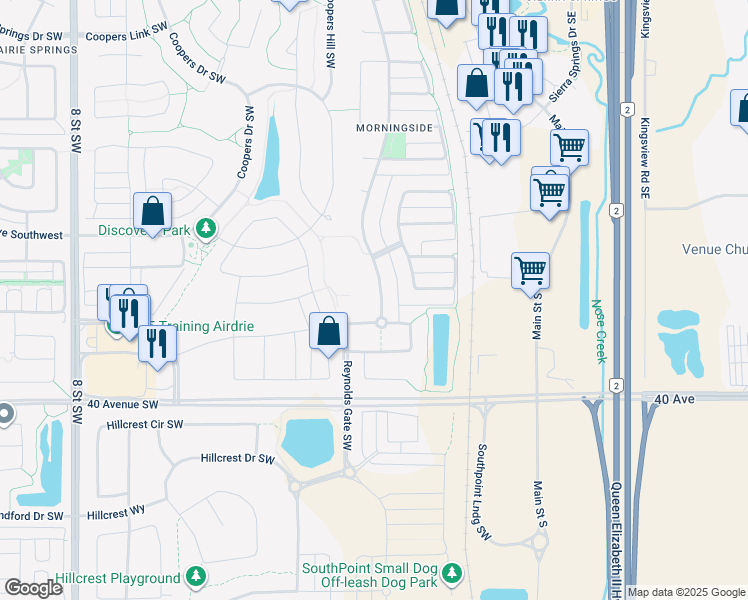 map of restaurants, bars, coffee shops, grocery stores, and more near 380 Coopers Drive Southwest in Airdrie
