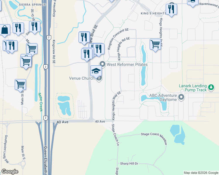 map of restaurants, bars, coffee shops, grocery stores, and more near 255 Kingsbridge Road Southeast in Airdrie