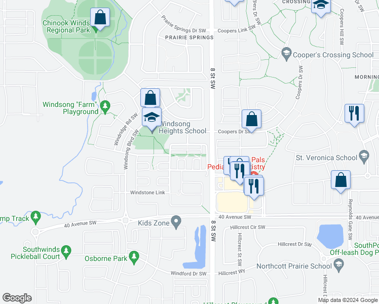 map of restaurants, bars, coffee shops, grocery stores, and more near 58 Windstone Lane Southwest in Airdrie
