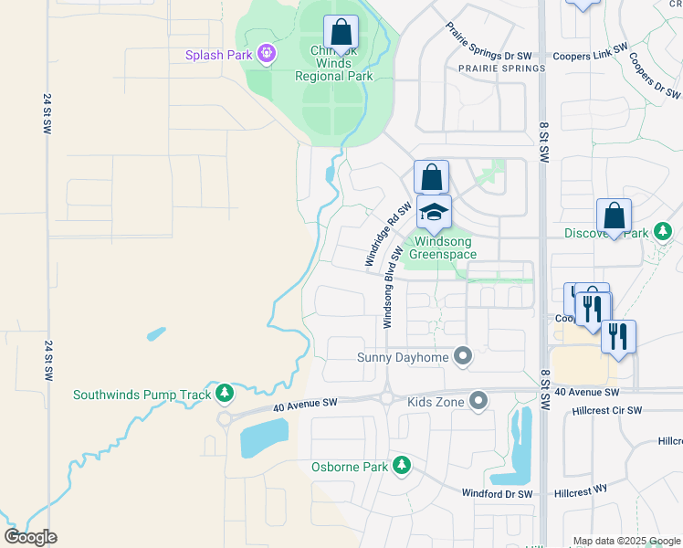 map of restaurants, bars, coffee shops, grocery stores, and more near 154 Windridge Road Southwest in Airdrie