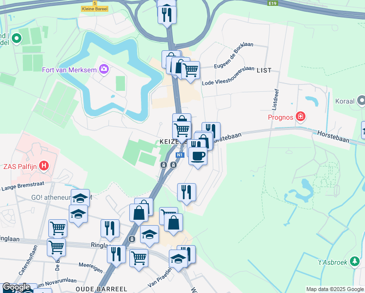 map of restaurants, bars, coffee shops, grocery stores, and more near 967 Bredabaan in Schoten