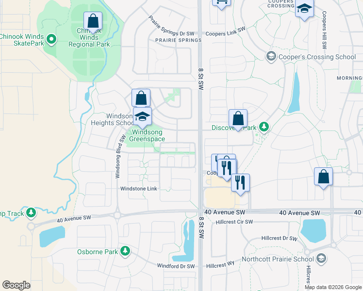 map of restaurants, bars, coffee shops, grocery stores, and more near 58 Windstone Lane Southwest in Airdrie